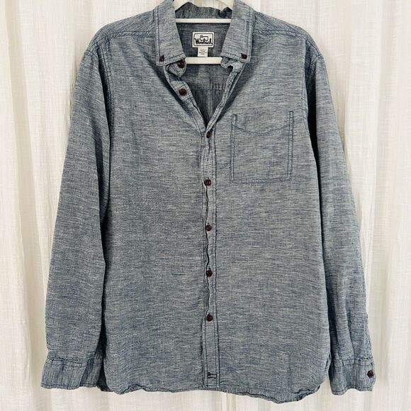 Woolrich Grayish Blue Hemp & Organic Cotton Button Down Sustainable Shirt Mens L - Picture 1 of 8